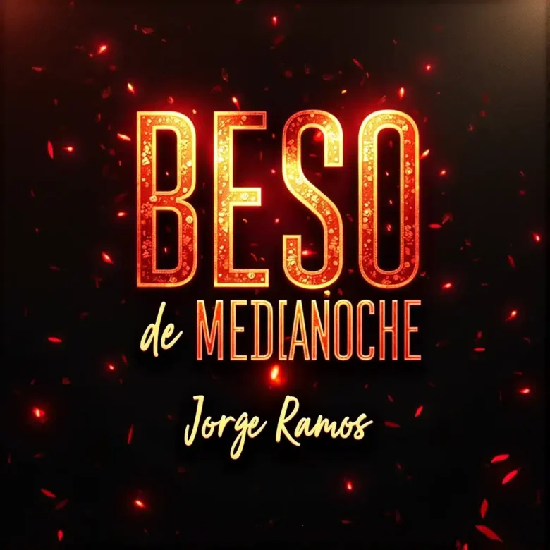 Portada del single "Beso de Medianoche" de Jorge Ramos, con una pareja besándose a medianoche en una fiesta mientras cae confeti y un reloj marca las doce.