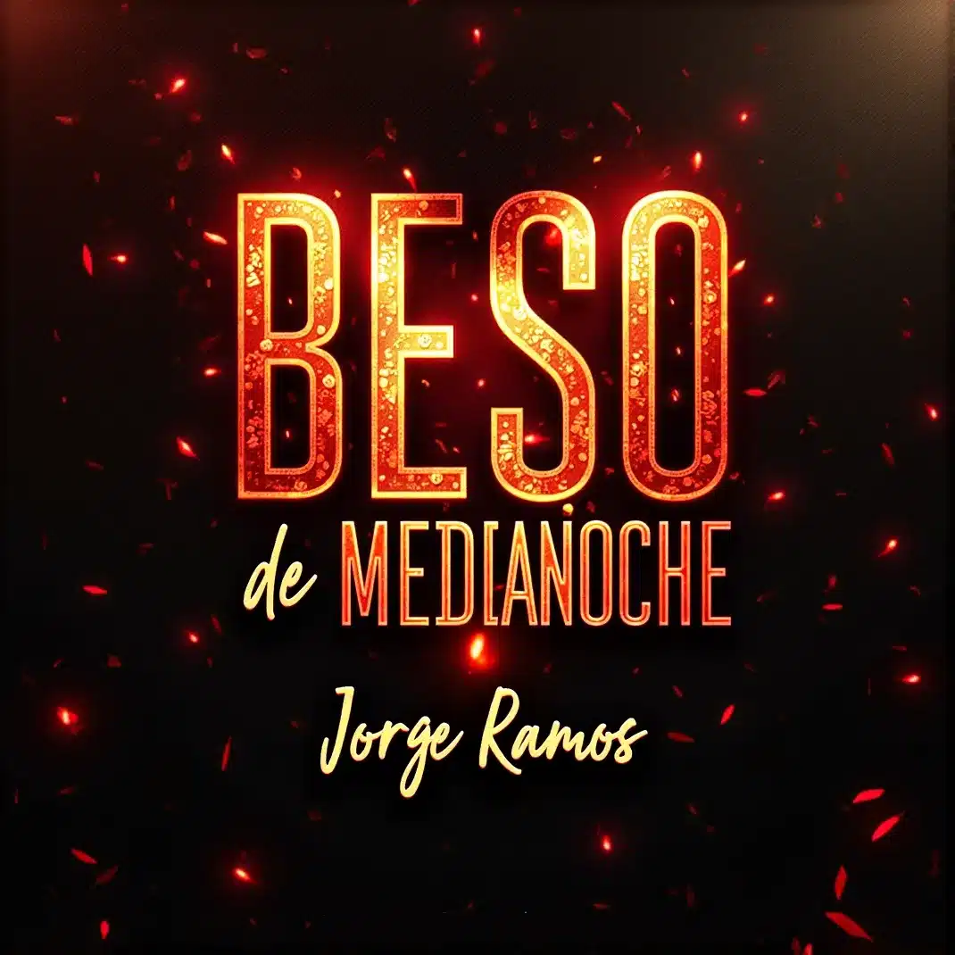 Portada del single "Beso de Medianoche" de Jorge Ramos, con una pareja besándose a medianoche en una fiesta mientras cae confeti y un reloj marca las doce.