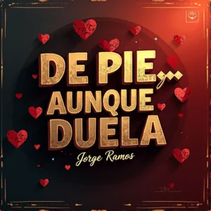 Portada “De Pie, Aunque Duela”: silueta firme bajo cielo nublado con luz cálida al fondo; textura urbana, tonos ámbar y azul profundo; tipografía fuerte y minimalista, sensación de resistencia y esperanza.