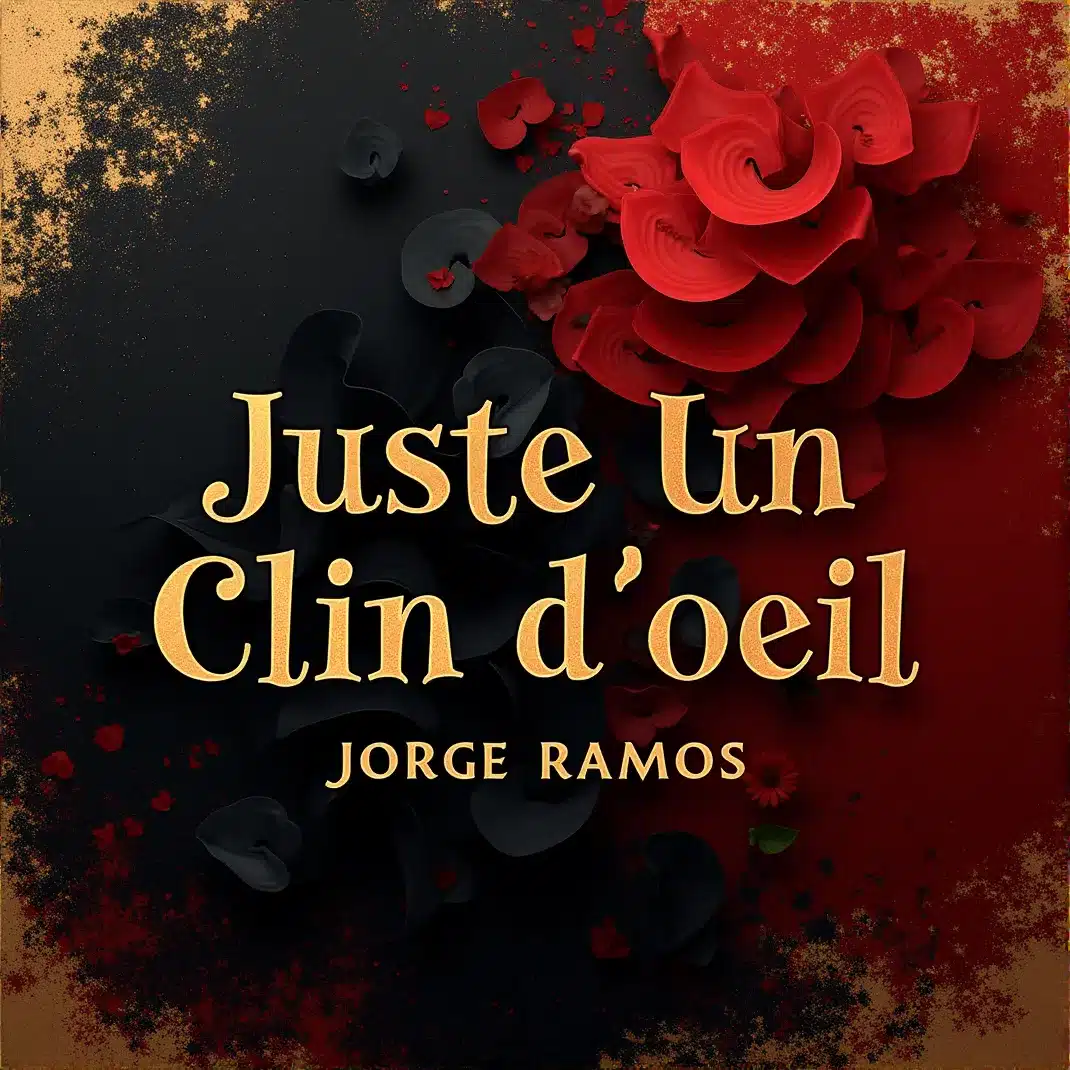 Portada “Juste Un Clin d’Œil”: escena nocturna íntima con luz baja y cálida; dos siluetas cercanas y un gesto sutil (guiño), tipografía elegante en francés y mood de clase, paz y deseo suave.