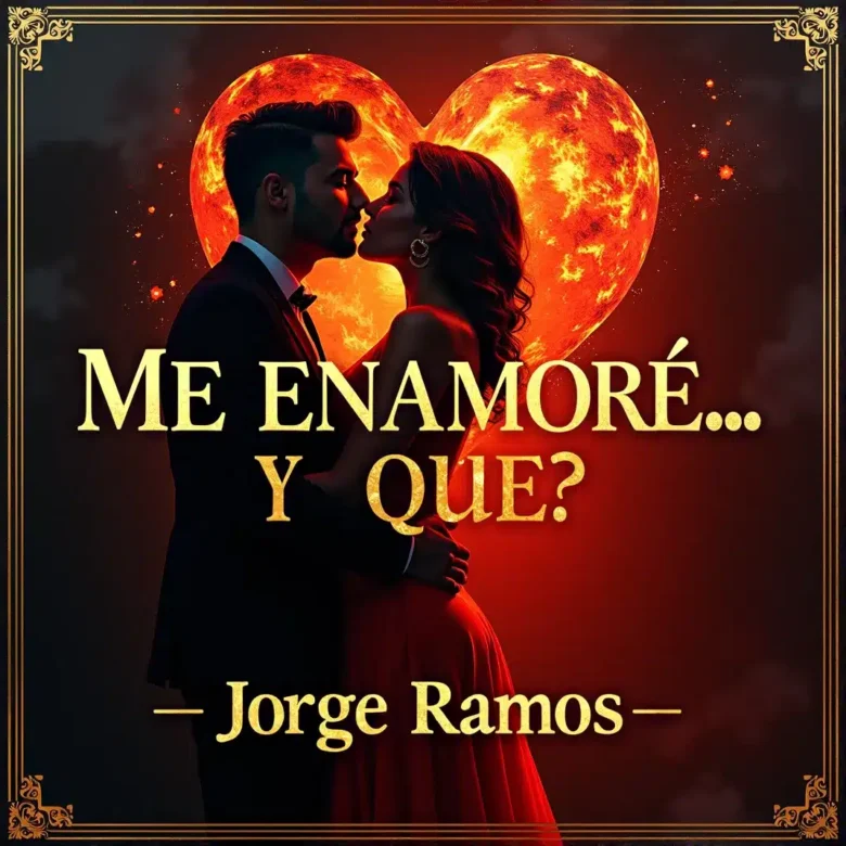 Portada del single “Me enamoré… ¿y qué?” de Jorge Ramos, con estética de salsa romántica: pareja bailando en abrazo cercano o piano y trompeta iluminados por luces cálidas, y el título en la parte superior.
