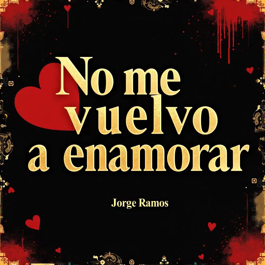 Portada del single “No me vuelvo a enamorar” de Jorge Ramos, con estética tropical y cómica, elementos de salsa como congas y trompetas y un corazón roto o bailarín alegre, con el título en letras grandes y coloridas.