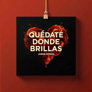 Portada del single “Quédate Donde Brillas” de Jorge Ramos, con una mujer europea en el centro de un foco de luz en una pista o un halo luminoso en una ciudad nocturna, simbolizando quedarse donde uno brilla, con el título en la parte superior.