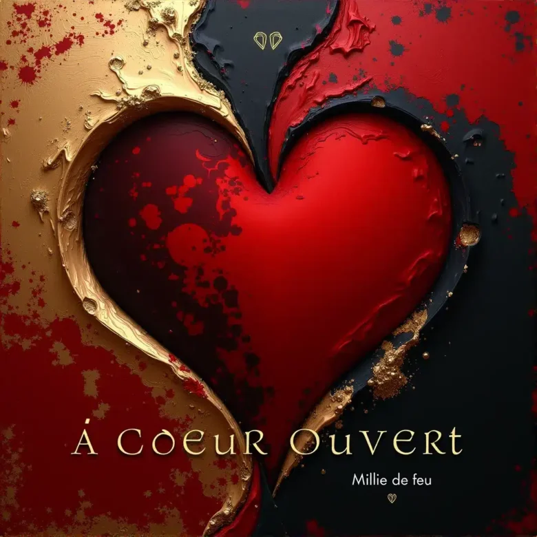 “À Cœur Ouvert”: luz baja y atmósfera íntima/cálida; sensación de cercanía “tout près”, tipografía elegante y tono de amor maduro, paz y sinceridad.