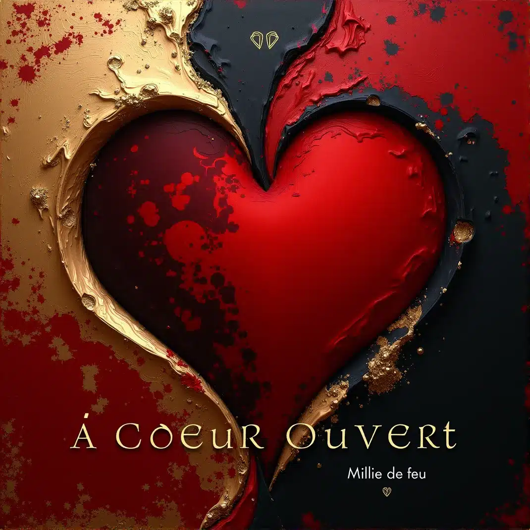 “À Cœur Ouvert”: luz baja y atmósfera íntima/cálida; sensación de cercanía “tout près”, tipografía elegante y tono de amor maduro, paz y sinceridad.