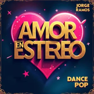 Portada cuadrada dance-pop con estética luminosa: ondas de audio estéreo y luces neón suaves alrededor de dos siluetas bailando, sensación romántica y eufórica, tipografía clara con “Amor en Estéreo”.