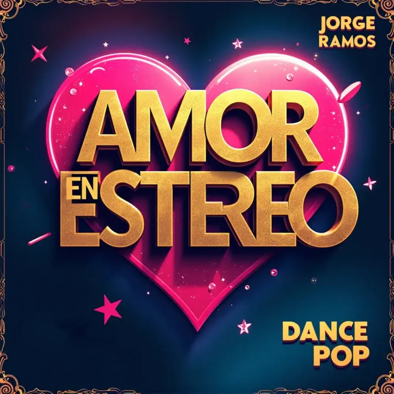 Portada cuadrada dance-pop con estética luminosa: ondas de audio estéreo y luces neón suaves alrededor de dos siluetas bailando, sensación romántica y eufórica, tipografía clara con “Amor en Estéreo”.