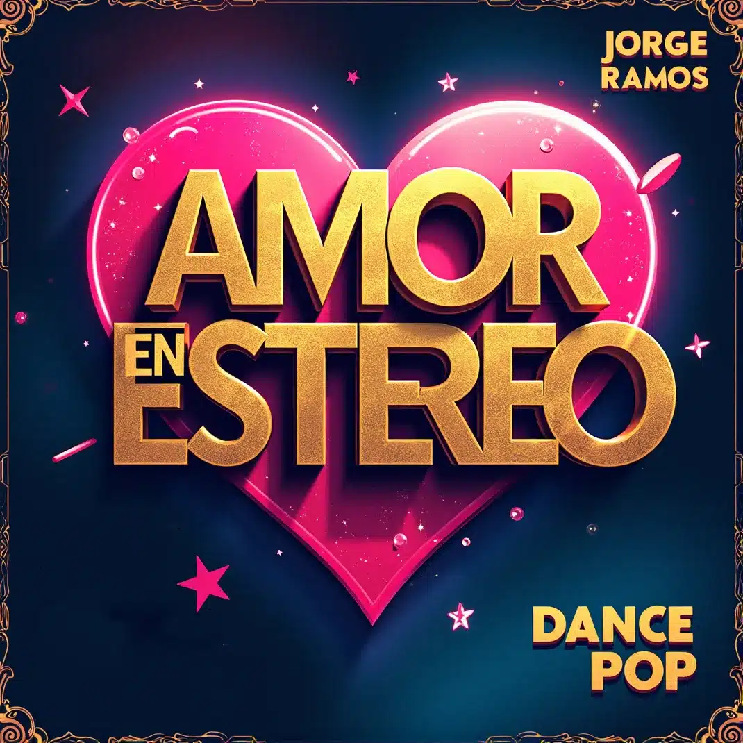 Portada cuadrada dance-pop con estética luminosa: ondas de audio estéreo y luces neón suaves alrededor de dos siluetas bailando, sensación romántica y eufórica, tipografía clara con “Amor en Estéreo”.