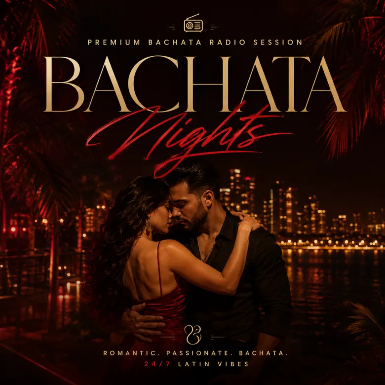 Radio latina nocturna de bachata romántica con ambiente elegante y moderno.