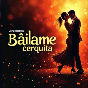 Portada “Báilame cerquita”: pareja muy cerca en una pista tenue, luz cálida con sombras suaves, sensación íntima y elegante; paleta ámbar/negro con acentos magenta; tipografía moderna de alto contraste y lectura clara.