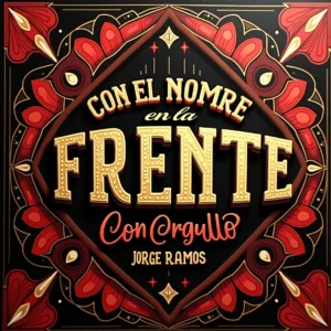 Portada de “Con el Nombre en la Frente”: silueta con postura firme bajo luz dorada de escenario sobre fondo oscuro, con el título grande arriba.