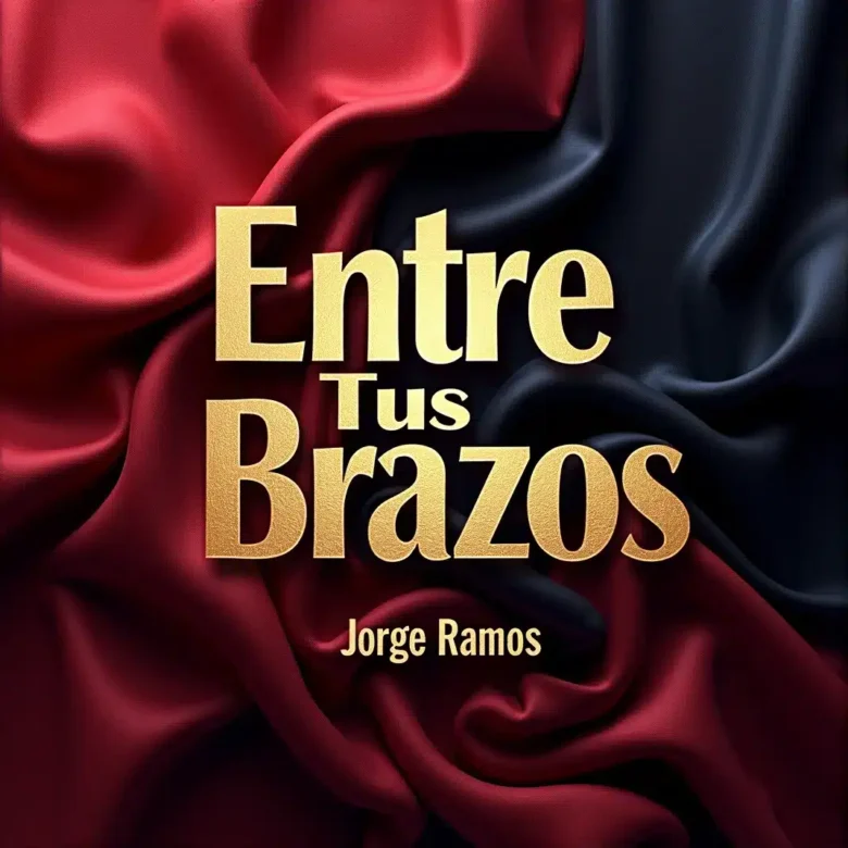 Portada romántica futurista de “Entre Tus Brazos” de Jorge Ramos, con siluetas y luces neón sobre un fondo nocturno tropical.