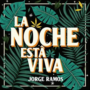 Portada cuadrada con una escena nocturna latina: luna grande sobre la ciudad, gente bailando en una pista con luces neón cálidas, sensación de movimiento y alegría, título “La noche está viva” claramente legible.