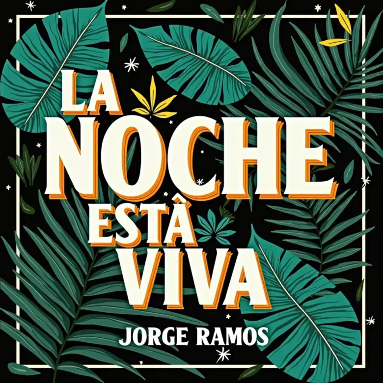 Portada cuadrada con una escena nocturna latina: luna grande sobre la ciudad, gente bailando en una pista con luces neón cálidas, sensación de movimiento y alegría, título “La noche está viva” claramente legible.