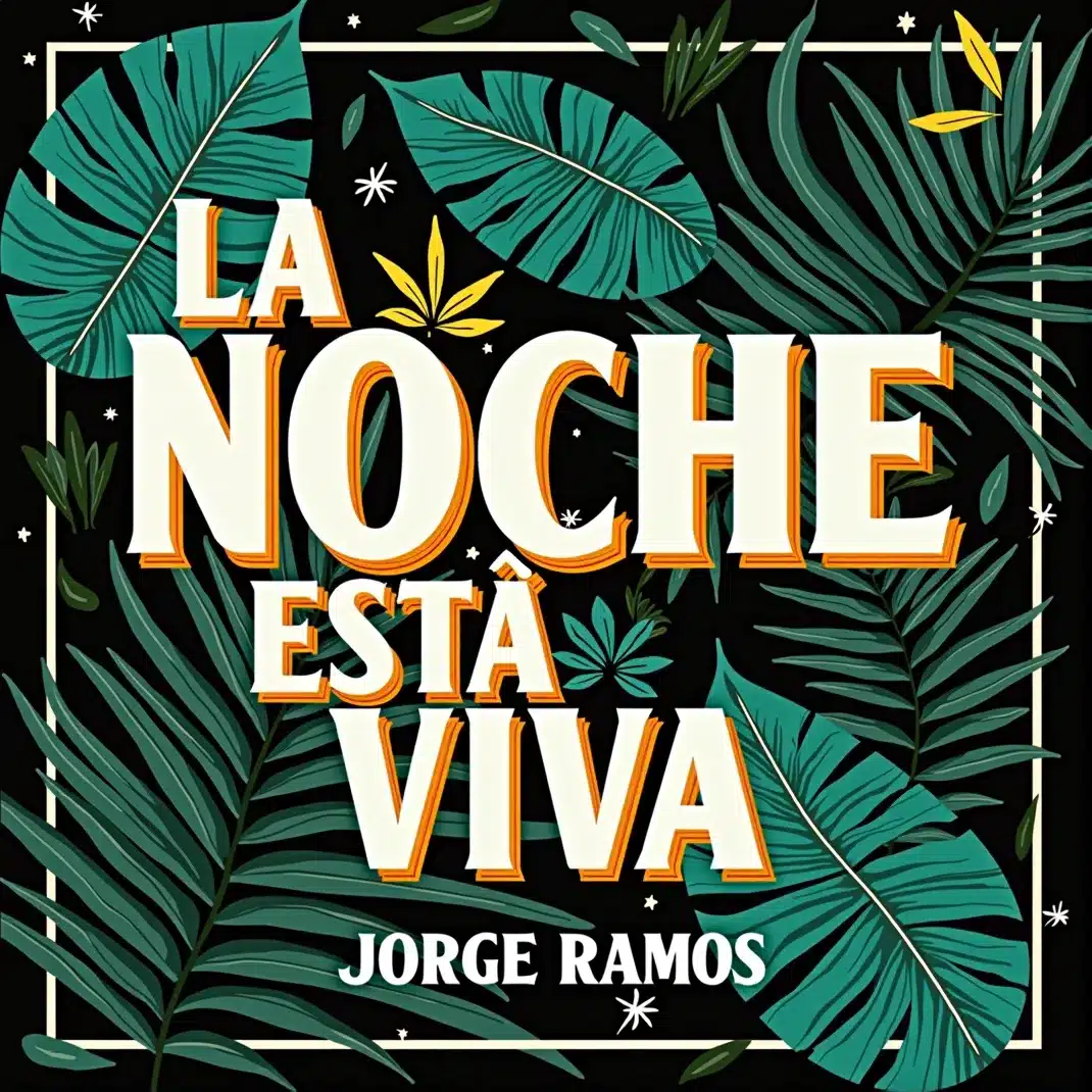 Portada cuadrada con una escena nocturna latina: luna grande sobre la ciudad, gente bailando en una pista con luces neón cálidas, sensación de movimiento y alegría, título “La noche está viva” claramente legible.