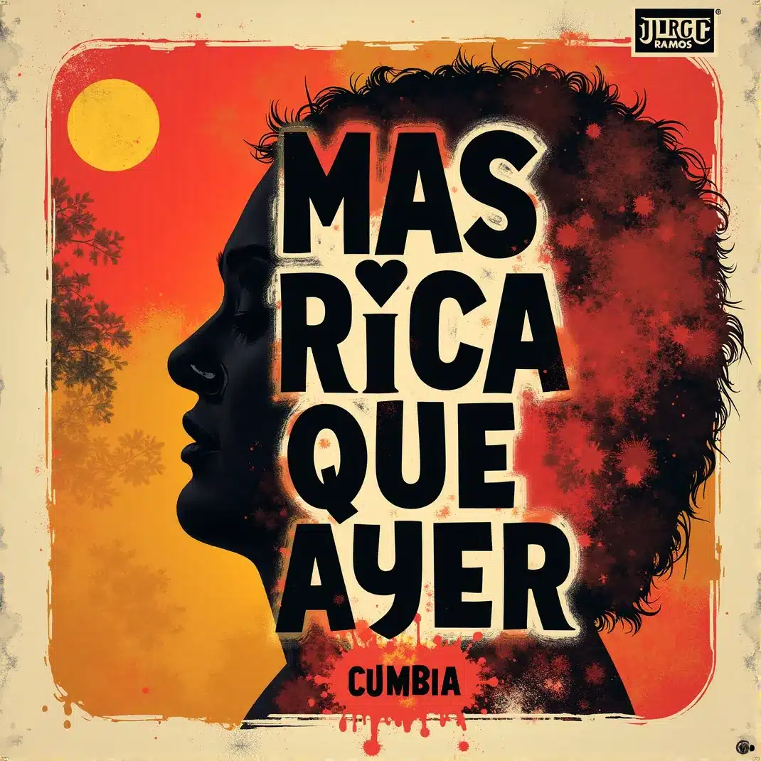 ‘Más Rica Que Ayer’ de Jorge Ramos con arte tropical y luces de fiesta, evocando a una mujer que domina la pista de cumbia sudamericana con más energía que el día anterior.