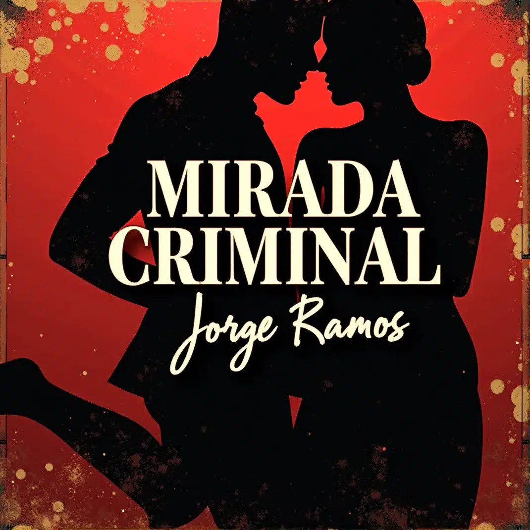 Portada cuadrada de bachata nocturna: pareja/siluetas cerca en pista con luz cálida, mirada intensa y coqueta, ambiente de club latino, sensación de complicidad; título “Mirada Criminal” legible.