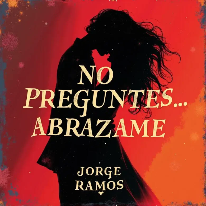 Portada “No Preguntes, Abrázame”: luz baja ámbar, dos siluetas abrazadas bailando muy cerca; ambiente íntimo y cálido, textura suave tipo grano; tipografía limpia y elegante con alto contraste.