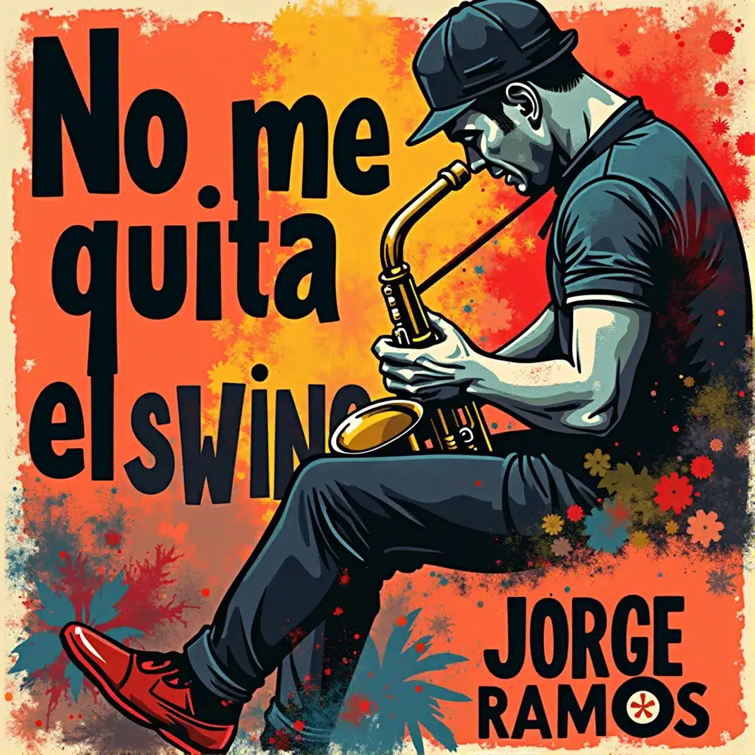 Portada “No me quita el swing”: estética urbana divertida con neón y textura callejera; personaje con pose confiada bailando con maletín/metro de fondo, colores cálidos y eléctricos; tipografía bold y energética.