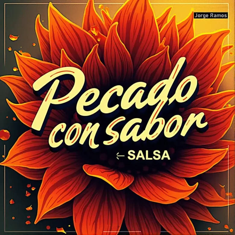 Portada cuadrada boogaloo/funk con estética retro: luces cálidas, rhodes y sax barítono en escena, congas al frente y ambiente de club latino con humor y “candela”; título “Pecado con sabor” grande y legible.