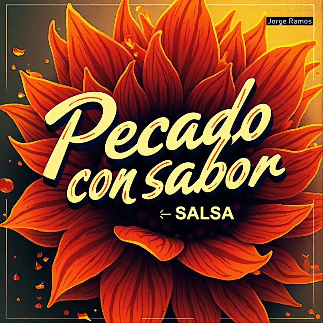 Portada cuadrada boogaloo/funk con estética retro: luces cálidas, rhodes y sax barítono en escena, congas al frente y ambiente de club latino con humor y “candela”; título “Pecado con sabor” grande y legible.