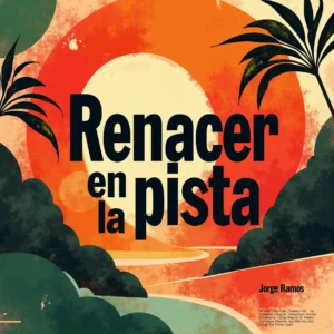 Portada futurista de “Renacer en la Pista” de Jorge Ramos, con pista y luces neón que simbolizan levantarse y renacer sobre fondo tropical oscuro.