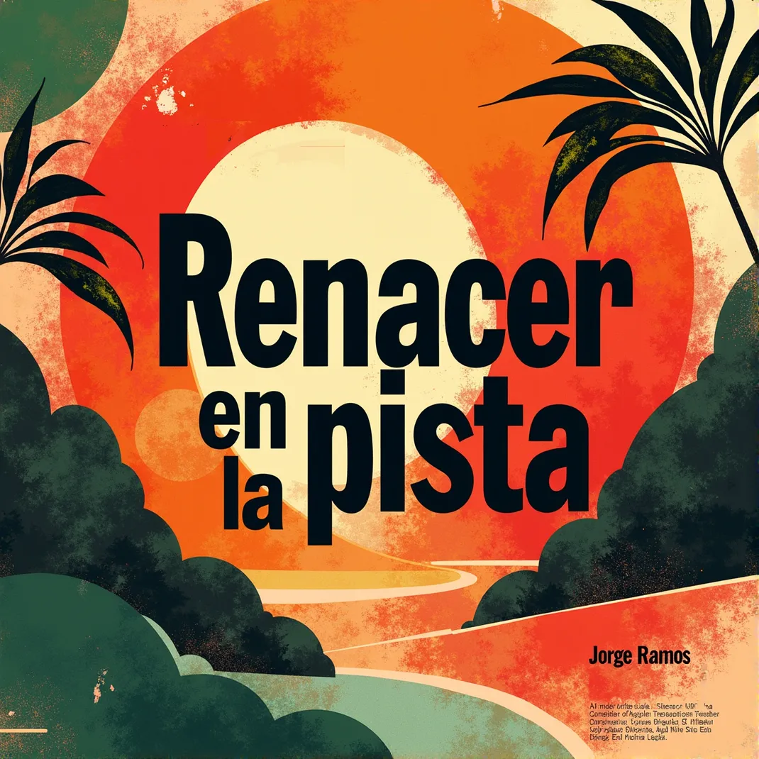 Portada futurista de “Renacer en la Pista” de Jorge Ramos, con pista y luces neón que simbolizan levantarse y renacer sobre fondo tropical oscuro.