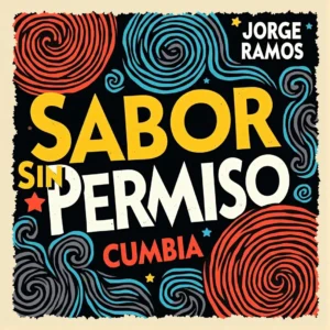 Portada del single “Sabor Sin Permiso” de Jorge Ramos, con estética de cumbia sudamericana urbana: una bailarina con actitud fuerte o instrumentos de cumbia bajo luces verdes y amarillas, y el título destacado arriba.