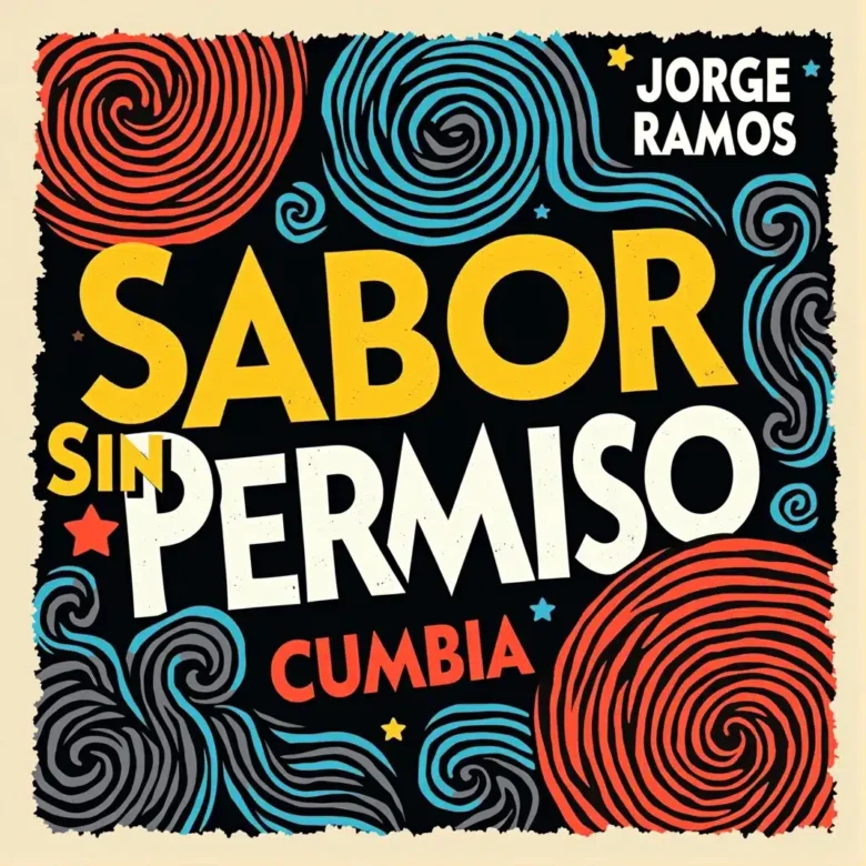 Portada del single “Sabor Sin Permiso” de Jorge Ramos, con estética de cumbia sudamericana urbana: una bailarina con actitud fuerte o instrumentos de cumbia bajo luces verdes y amarillas, y el título destacado arriba.