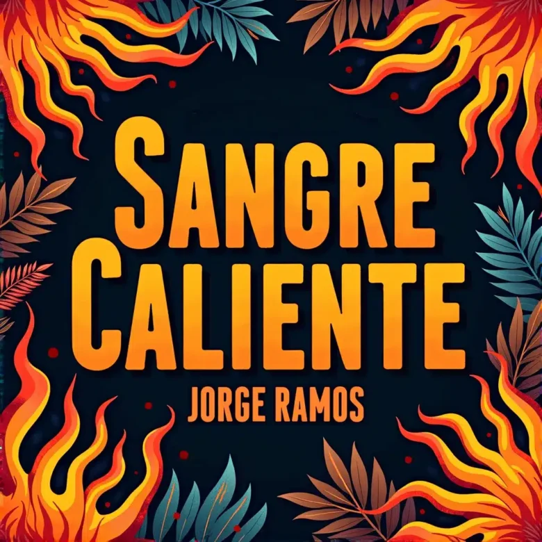 Portada futurista y colorida de “Sangre Caliente” de Jorge Ramos, con llamas y formas neón que evocan una fiesta tropical sobre fondo oscuro.