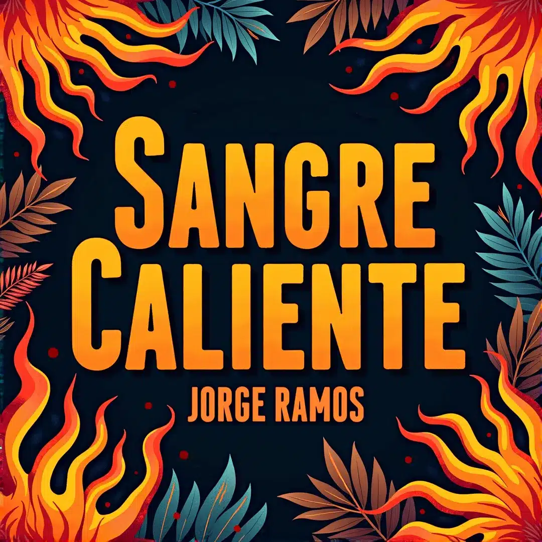 Portada futurista y colorida de “Sangre Caliente” de Jorge Ramos, con llamas y formas neón que evocan una fiesta tropical sobre fondo oscuro.