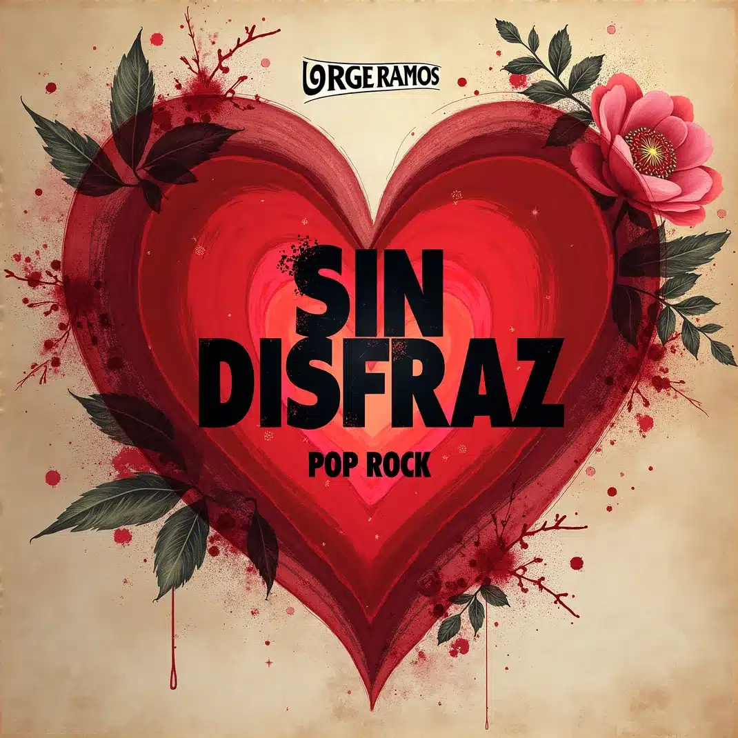 Portada cuadrada pop-rock moderna con una figura de frente sin máscara bajo luz cálida, estética honesta y minimalista, textura granulado sutil y título “Sin Disfraz” grande y legible.