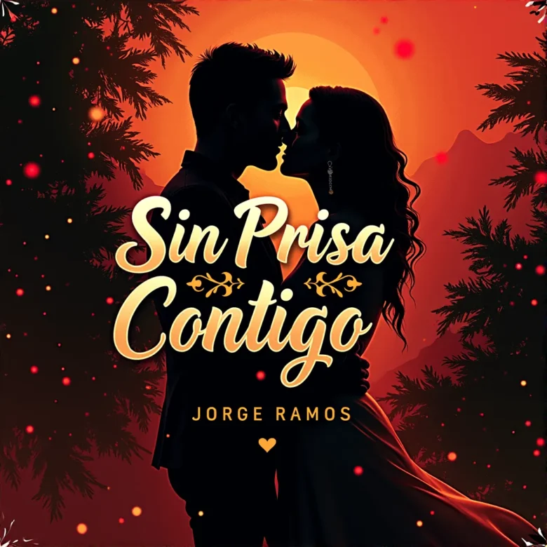 Portada cuadrada romántica de bachata pop con luz cálida nocturna: dos siluetas cerca bailando despacio, requinto sugerido, atmósfera íntima y elegante; título “Sin Prisa Pero Contigo” legible.