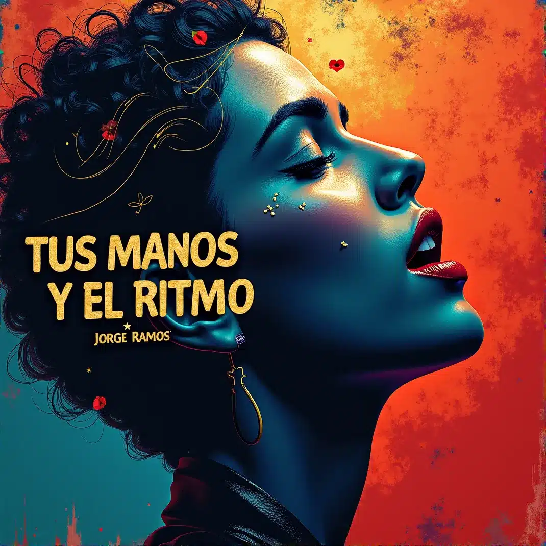 Portada “Tus Manos y el Ritmo”: escena nocturna de baile con luz baja y brillo cálido; dos siluetas cerca, manos marcando el movimiento, tipografía elegante y mood sensual, moderno y rítmico.