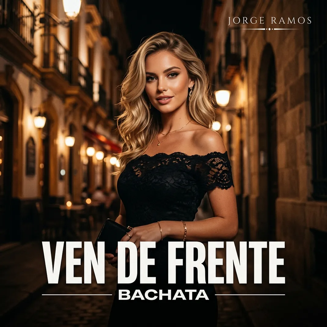 Portada “Ven de Frente”: estética bachata moderna con tensión elegante; luz de bar y atmósfera urbana, tipografía clara; sensación de límites, verdad pública y “de frente, y en paz”.