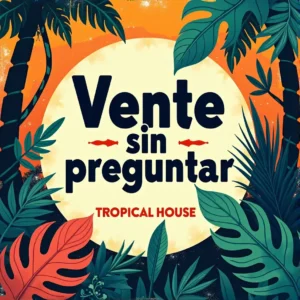 Portada cuadrada tropical house nocturna: playa con luces cálidas y neón suave, dos siluetas bailando cerca, atmósfera húmeda y elegante, sensación de “ahora” y libertad; título “Vente sin preguntar” legible.