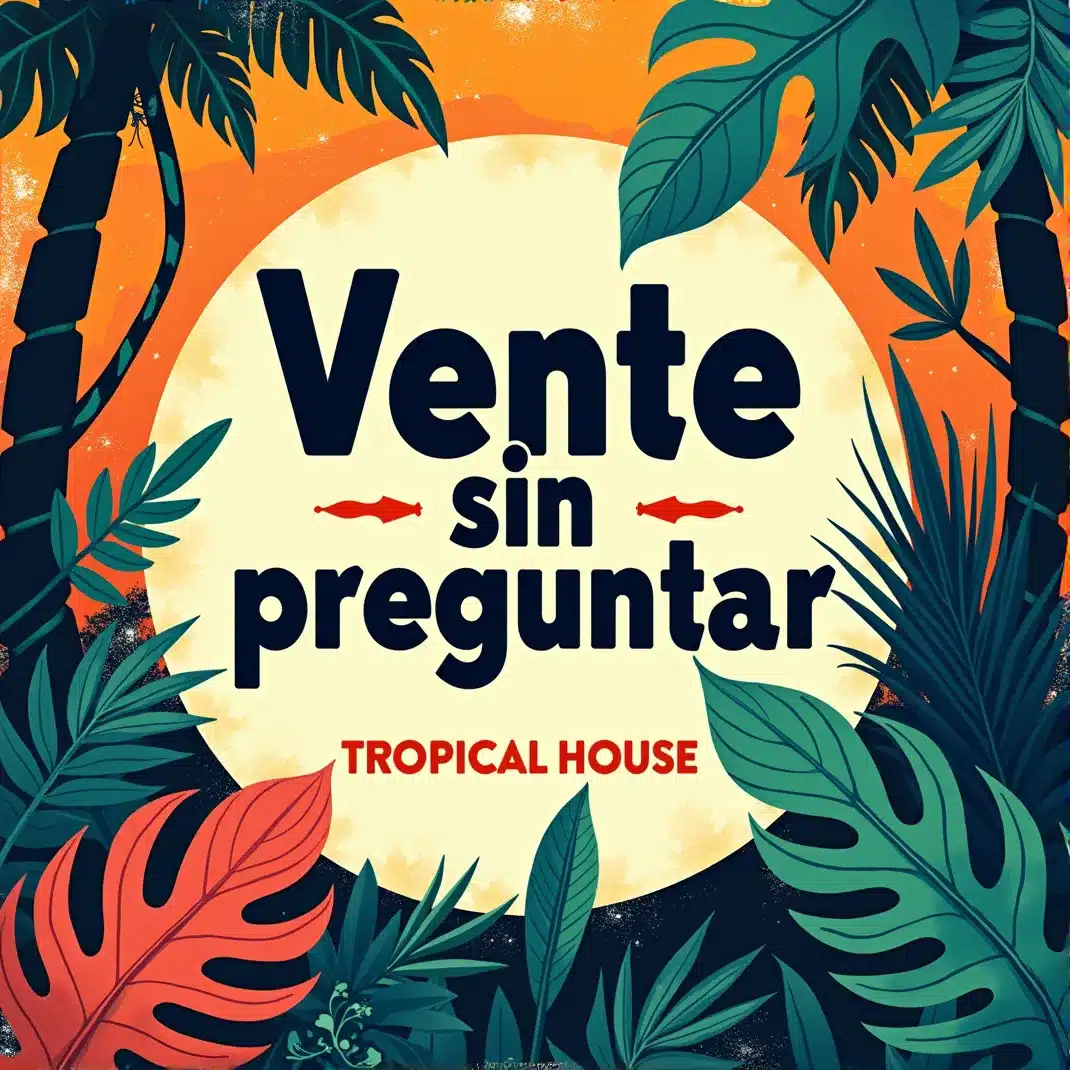 Portada cuadrada tropical house nocturna: playa con luces cálidas y neón suave, dos siluetas bailando cerca, atmósfera húmeda y elegante, sensación de “ahora” y libertad; título “Vente sin preguntar” legible.