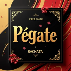 Portada cuadrada de bachata nocturna: dos siluetas bailando muy cerca en un club con luz cálida y sombras, tensión coqueta y movimiento; título “Pégate” grande y legible.