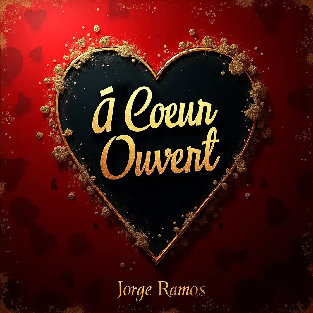 Portada “À Cœur Ouvert”: atmósfera íntima y cálida con luz baja; dos figuras cerca o una mano extendida, tipografía elegante en francés y mood de paz, honestidad y cercanía.