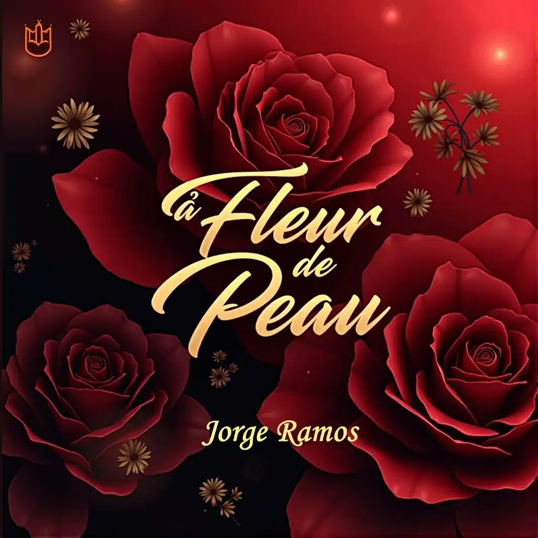 Portada “À Fleur de Peau”: escena nocturna con luz baja y atmósfera íntima; sensación de cercanía “tout près, tout doux”, tipografía elegante y tono cálido de respeto y confianza.