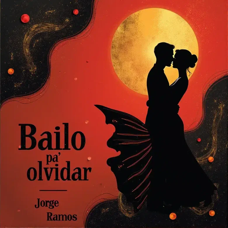 Portada del single "Bailo pa’ olvidar" de Jorge Ramos: escena nocturna en ciudad europea con una pareja bailando salsa sobre un suelo iluminado en rojo, naranja y turquesa, simbolizando olvidar el dolor y renacer bailando.