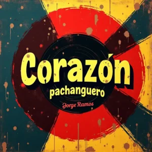 Portada del single Mi corazón pachanguero de Jorge Ramos: orquesta y gente bailando en una plaza nocturna llena de luces cálidas, ambiente de fiesta tropical y el título destacado en la parte superior.