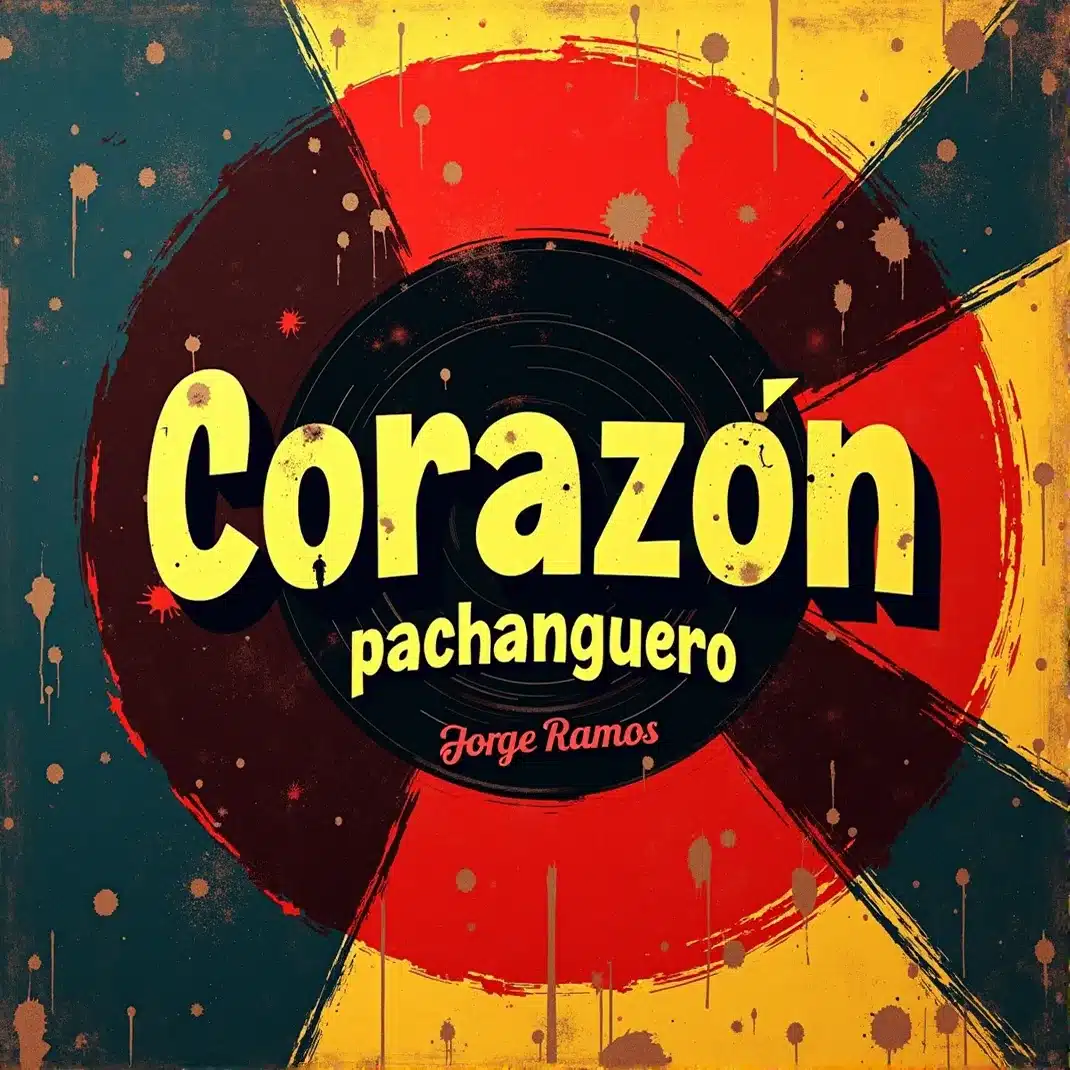 Portada del single Mi corazón pachanguero de Jorge Ramos: orquesta y gente bailando en una plaza nocturna llena de luces cálidas, ambiente de fiesta tropical y el título destacado en la parte superior.