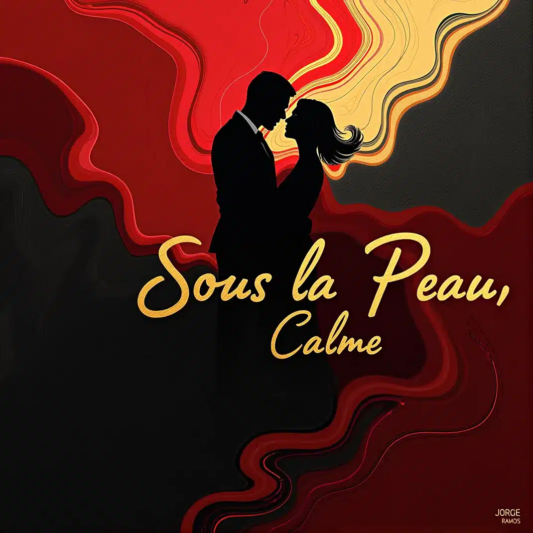 Portada “Sous La Peau, Calme”: escena nocturna íntima con luz baja cálida; dos siluetas muy cerca, tensión suave y elegante; tipografía limpia en francés y mood de deseo calmado, confianza y respeto.