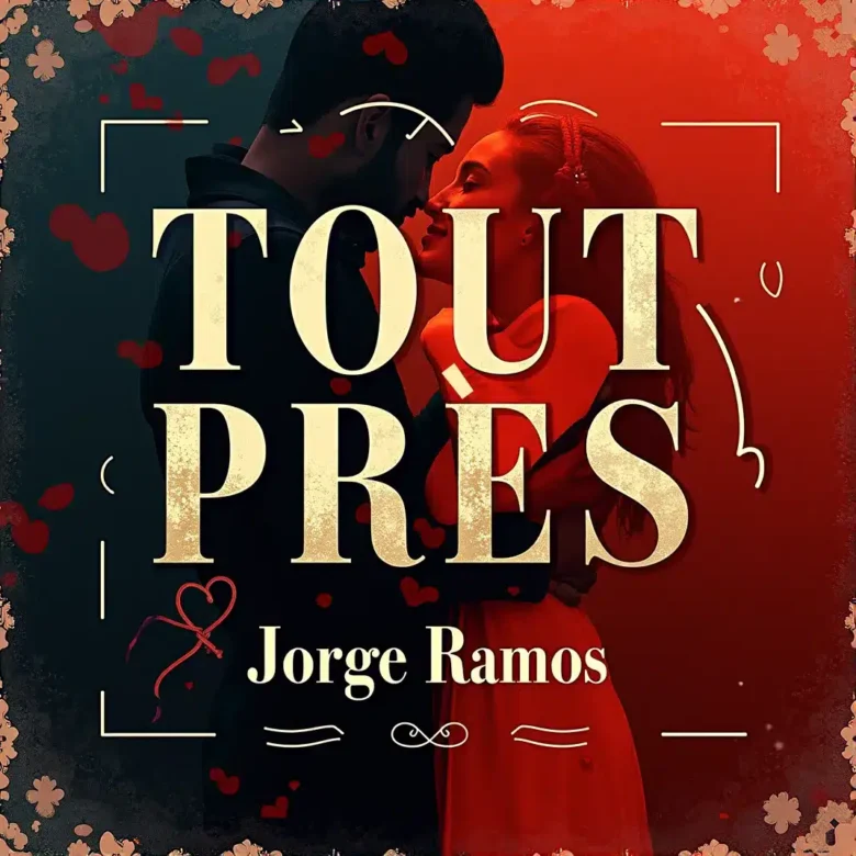 Portada “Tout près”: escena nocturna íntima con luz baja cálida; dos siluetas bailando muy cerca con elegancia, tipografía limpia en francés y mood de confianza, respeto y deseo suave.