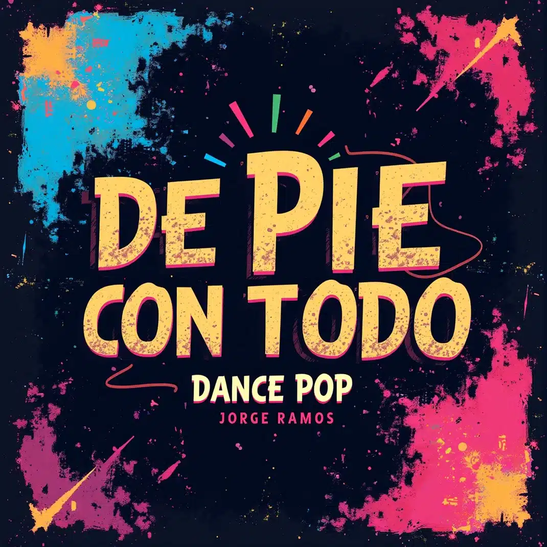 Portada cuadrada electro-pop de club con luces neón y destellos, silueta firme levantando el mentón con actitud de victoria, texturas digitales y energía de pista; título “De Pie Con Todo” grande y legible.