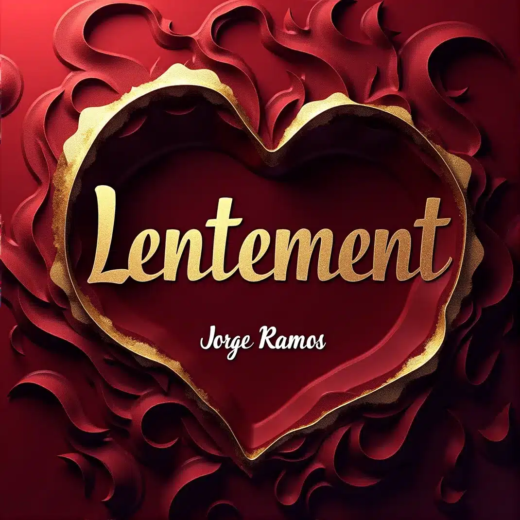 Portada “Lentement”: escena nocturna íntima con luz baja y cálida; dos siluetas cerca, gesto suave y composición minimal; tipografía elegante en francés y mood de confianza, calma y respeto.