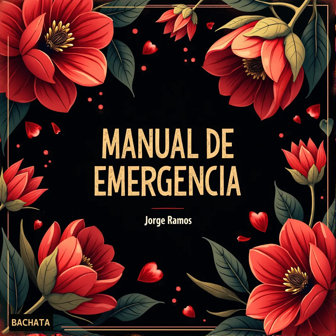 Portada “Manual de Emergencia”: estética bachata moderna con tensión elegante; ambiente nocturno/nostálgico, tipografía clara y sensación de orgullo vs recaída, corazón que “vuelve”.