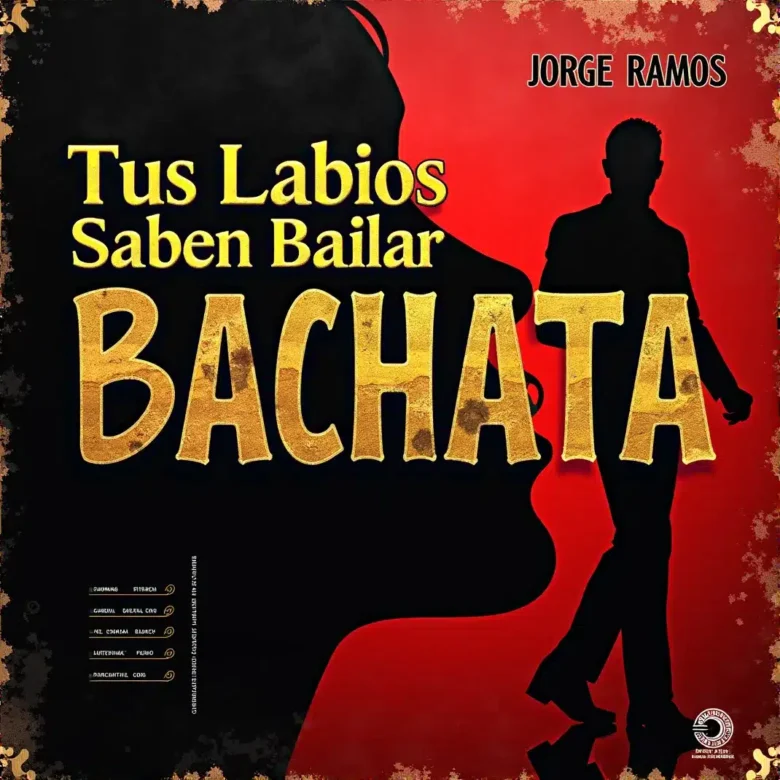 Portada “Tus Labios Saben Bailar”: luz baja cálida y atmósfera íntima; siluetas cercanas a punto de besarse, énfasis en labios y movimiento, tipografía elegante y mood sensual y moderno.