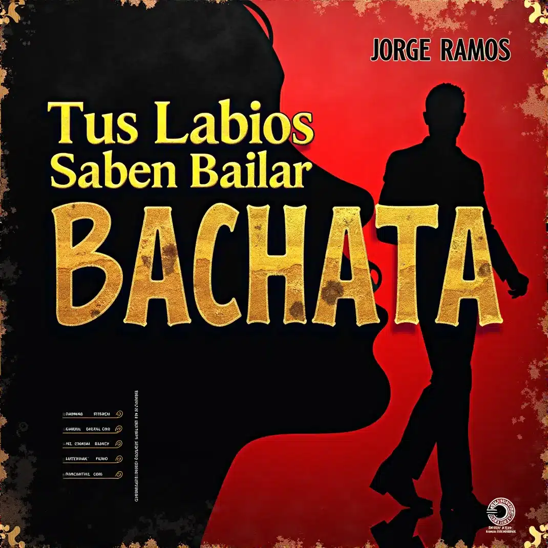 Portada “Tus Labios Saben Bailar”: luz baja cálida y atmósfera íntima; siluetas cercanas a punto de besarse, énfasis en labios y movimiento, tipografía elegante y mood sensual y moderno.